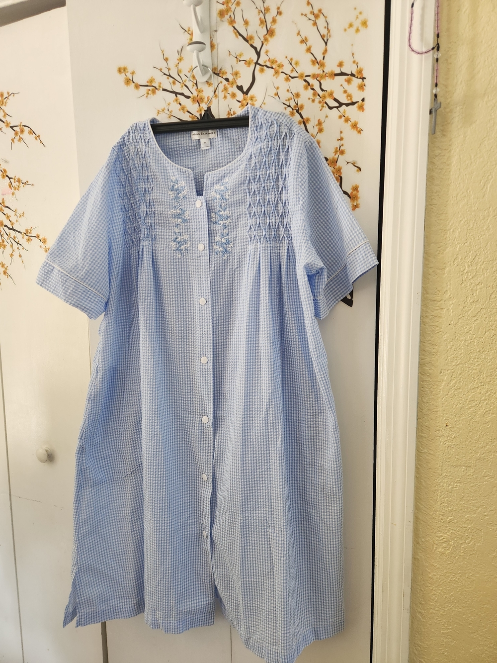 Miss Elaine Light Blue Button-Front Nightgown with Smocked Yoke